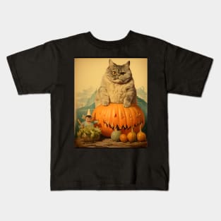 Weird Vintage Fat Cat and Pumpkin Halloween Collage - Whimsical Retro Charm Kids T-Shirt